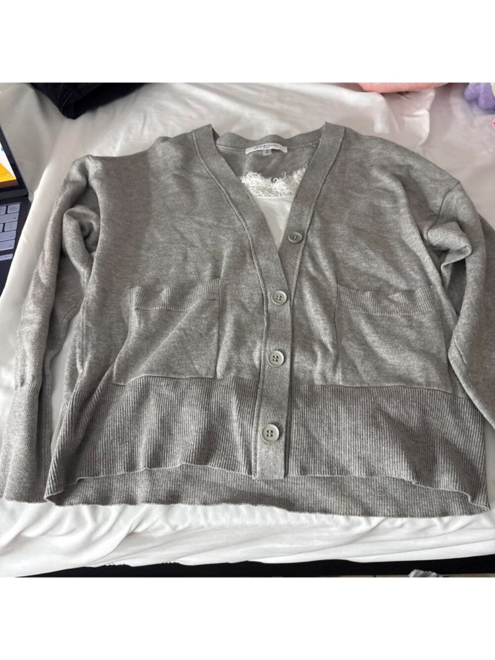 Grey cardigan with button up front and pockets, has a decorative lace Size Small